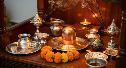 Naklejka premium Copper Shiva Linga in indoor mandir with silver utensils, incense holders, and prayer items