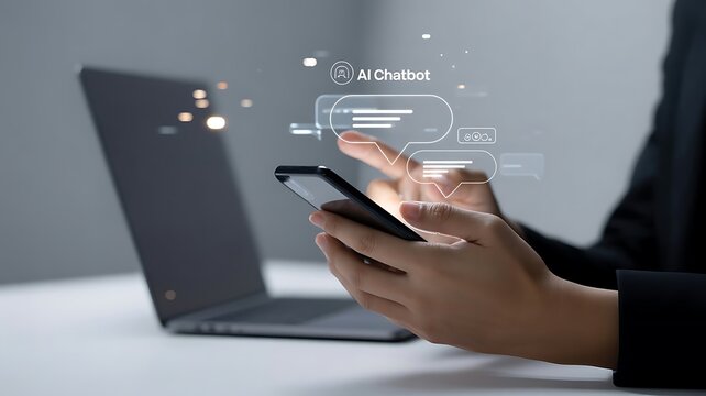 AI Artificial Intelligence, Digital chatbot, Woman chatting with chatbot customer service on mobile phone via internet mobile app. Automatic conversation assistance by AI chatbot technology..