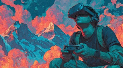 VR gamer in a vibrant landscape