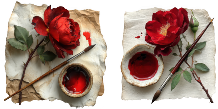 Two artistic still life compositions featuring red roses paintbrushes and spilled red paint isolated on transparent background