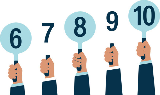 Raised Hands Showing Numbers 6 to 10 in Light Blue Circles on a White Background
