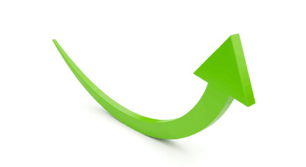 Green arrow curving upward indicating growth success and positive direction on white background
