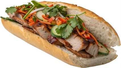 Delicious Vietnamese Banh Mi Sandwich with Pork and Fresh Herbs Isolate on Transparent Background