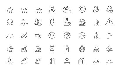 swimming icon set. Editable linear stroke vector set featuring swimmer, aquatic sports, pool equipment, lifeguard, fitness, beach, diving, and leisure and more.