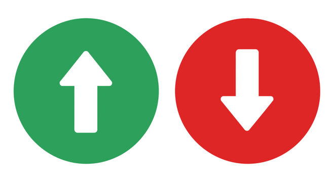Green circle with white arrow pointing up and red circle with white arrow pointing down isolated on white background