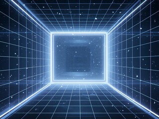 Abstract Glowing Geometric Tunnel on Black Background, Symmetrical 3D Space with Neon Lighting and Kinetic Depth
