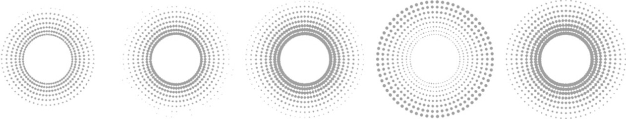 Set of Five Circular Halftone Dots with Gradient Effect on Transparent Background