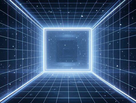 Abstract Glowing Geometric Tunnel on Black Background, Symmetrical 3D Space with Neon Lighting and Kinetic Depth
