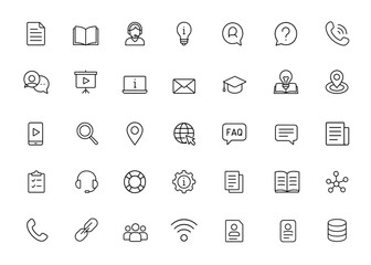 Outline set of editable stroke icons for information and communication. Linear vector illustration collection including document, guide, support, technology, message, education and more.
