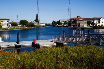 Green Reeds And Dock On Waterway With Buildings And Power Lines