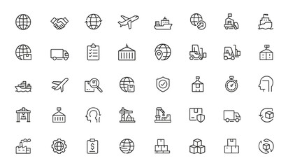 International trading linear icon set of outline vector illustrations. Editable stroke icons featuring global commerce, freight, logistics, shipment, transport, export, import, supply chain and more.