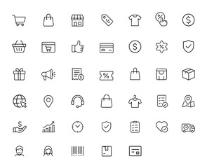 Linear outline icon set for shopping and e-business. Editable stroke vector illustration collection. Includes commerce, retail, payment, delivery, discount, coupon, market, store, online and more.