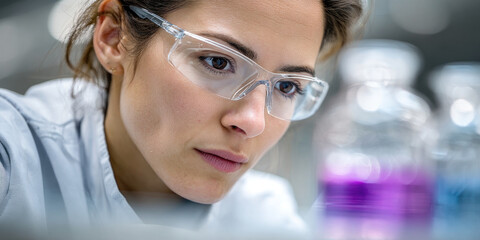 A focused researcher examines vibrant liquids in beakers, exploring potential scientific discoveries in a lab setting