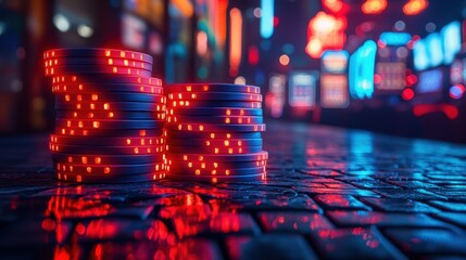 Several stacks of red lights are sitting on a table