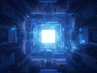 Abstract Glowing Geometric Tunnel on Black Background, Symmetrical 3D Space with Neon Lighting and Kinetic Depth
