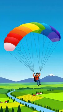 A person glides gracefully in a blue sky over green fields and distant mountains