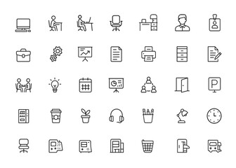 workspace icon set, coworking, and office essentials. Editable stroke vector illustration featuring business, equipment, meeting, furniture, technology, teamwork, document
