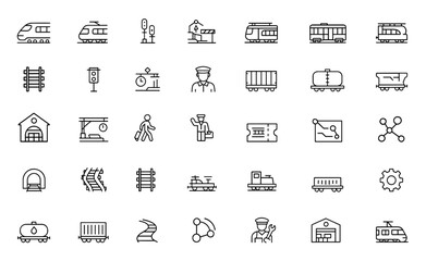 railway transport symbols icon set. Editable stroke vector illustration set with trains, infrastructure, stations, freight, passengers, and tracks.