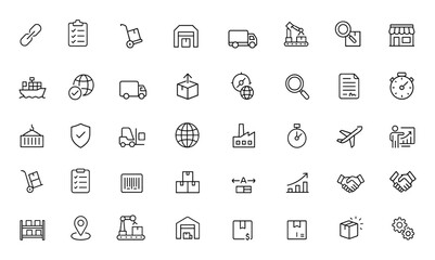 logistics icon set, supply chain, delivery, manufacturing, commerce, value chain, freight, transport, and business analysis, global export and more.