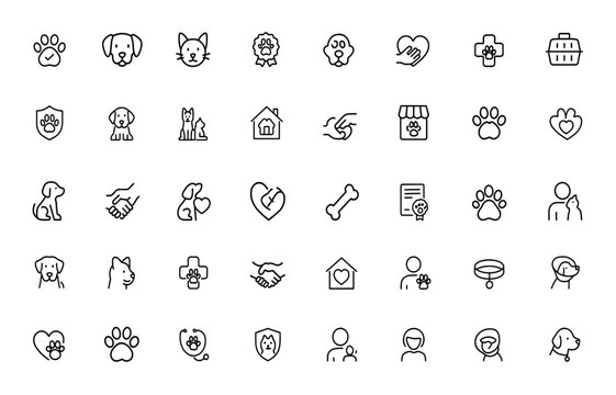 pet-friendly icon set with editable stroke. Outline vector collection featuring accepted, allowed, certified pets, animals, veterinary, clinic, care, friendship, home, and services and more.