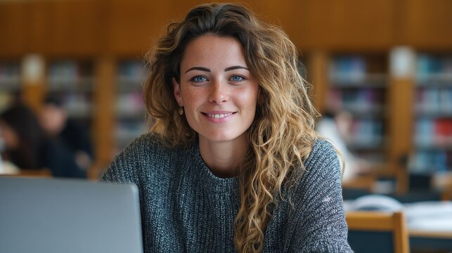 Happy young woman working on laptop and looking at camera in classroom. Portrait of smiling university student in library use computer for a research. Satisfied college student looking at camera., no