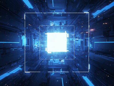 Abstract Glowing Geometric Tunnel on Black Background, Symmetrical 3D Space with Neon Lighting and Kinetic Depth
