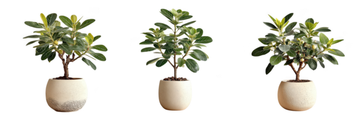 Three healthy green leafy potted plants with wooden planters isolated on transparent background