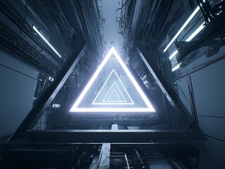 Abstract Glowing Geometric Tunnel on Black Background, Symmetrical 3D Space with Neon Lighting and Kinetic Depth

