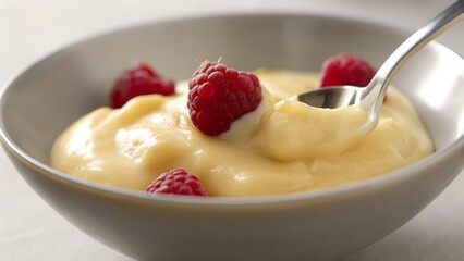 vanilla pudding dessert raspberries creamy sweet snack spoonful treat