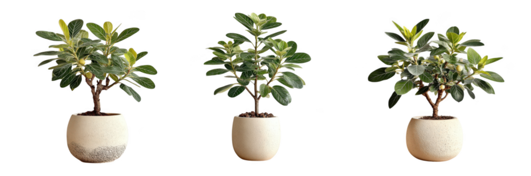 Three healthy green leafy potted plants with wooden planters isolated on transparent background