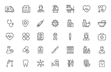 Outline icon collection of medical, healthcare, and medicine symbols. Editable stroke linear vector illustration. Includes ambulance, hospital, doctor, diagnosis, surgery, blood and more.