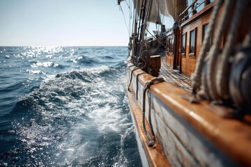 A wooden ship glides over shimmering waves under a sunny sky, with sails billowing in the wind