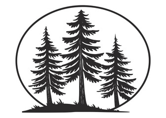 Obraz premium Black Silhouette of Three Pine Trees Inside a Circle on White Background forest nature