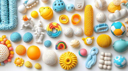Colorful textured objects and toys on white background