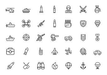 Military line icon pack with editable stroke. Outline collection of war, army equipment, weapons, tools, and aids. Includes helicopter, tank, missile, radar, soldier, submarine, drone and more.