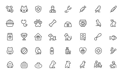 Linear pet care icons with veterinary symbols. Editable stroke outline set featuring animal healthcare, vet clinic, grooming, medicine, vaccination, leash, food, puppy, bird, fish, vector and more.