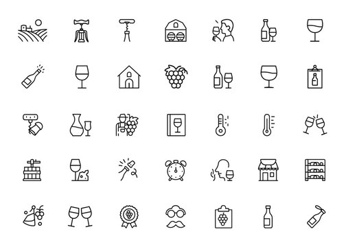 Wine outline icon pack featuring editable linear stroke vectors. Includes vineyard, bottle, corkscrew, cellar, tasting, barrel, champagne, wine glass, winery, alcohol, beverage, grape, and more.