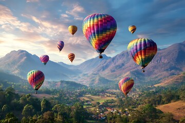 Obraz premium Experience the thrill of a hot air balloon festival adventure over picturesque mountain scenery, promising unforgettable memories and breathtaking views, perfect for travel inspiration