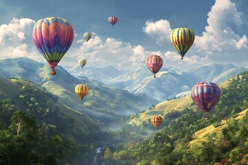 Fototapeta premium Experience the thrill of hot air balloons soaring over a stunning mountain landscape, breathing in the fresh air of adventure and freedom with this vibrant, breathtaking aerial view