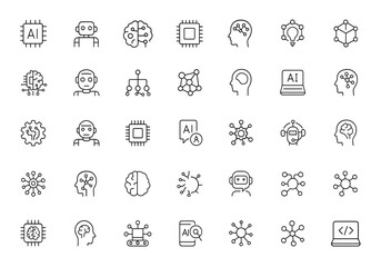 artificial intelligence and AI technology icon set. Editable stroke vector illustration featuring smart robots, microchips, digital brains, futuristic innovation, cyber systems and more