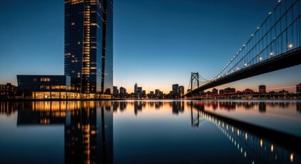 Naklejka premium City skyline at dawn, reflected in calm water. Modern buildings and a cable bridge