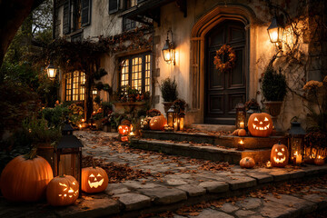 Halloween pumpkins and decorations outside a house