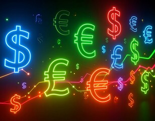 Neon currency symbols, financial chart