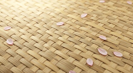 Close Up of Woven Bamboo Mat with Pink Flower Petals on Surface
