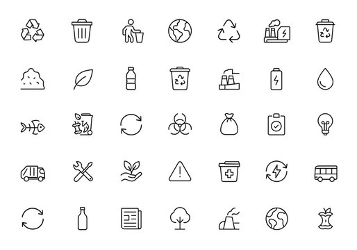 waste management and recycling icon set. Linear editable stroke icons illustrating sustainability, environment, pollution, disposal, landfill, compost and more.