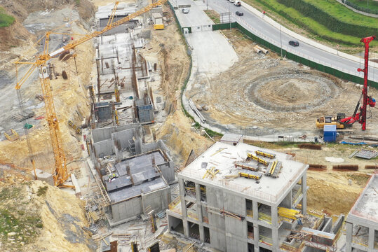 Aerial view of construction site with cranes reaching for the sky amidst concrete structures, a testament to urban development, &Auml;&deg;stanbul, &Auml;&deg;stanbul, T&Atilde;&frac14;rkiye.