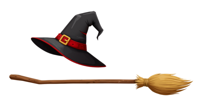 Black Witch Hat and Broom – Classic Halloween Charm with Red Accents