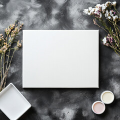Mockup artist canvas in rectangle format on grey table. format top view. Frame for design