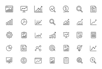 analytics icons set, infographic, and analysis symbols with editable stroke. Vector illustration for business, finance, marketing, research, growth, chart and more.