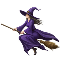 Witch Flying on Broom – Magical Halloween Spirit in Purple Gown